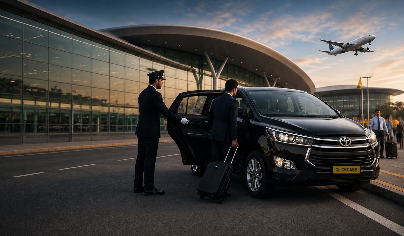 A Click Cabs chauffeur beside a branded Toyota Innova at the airport
