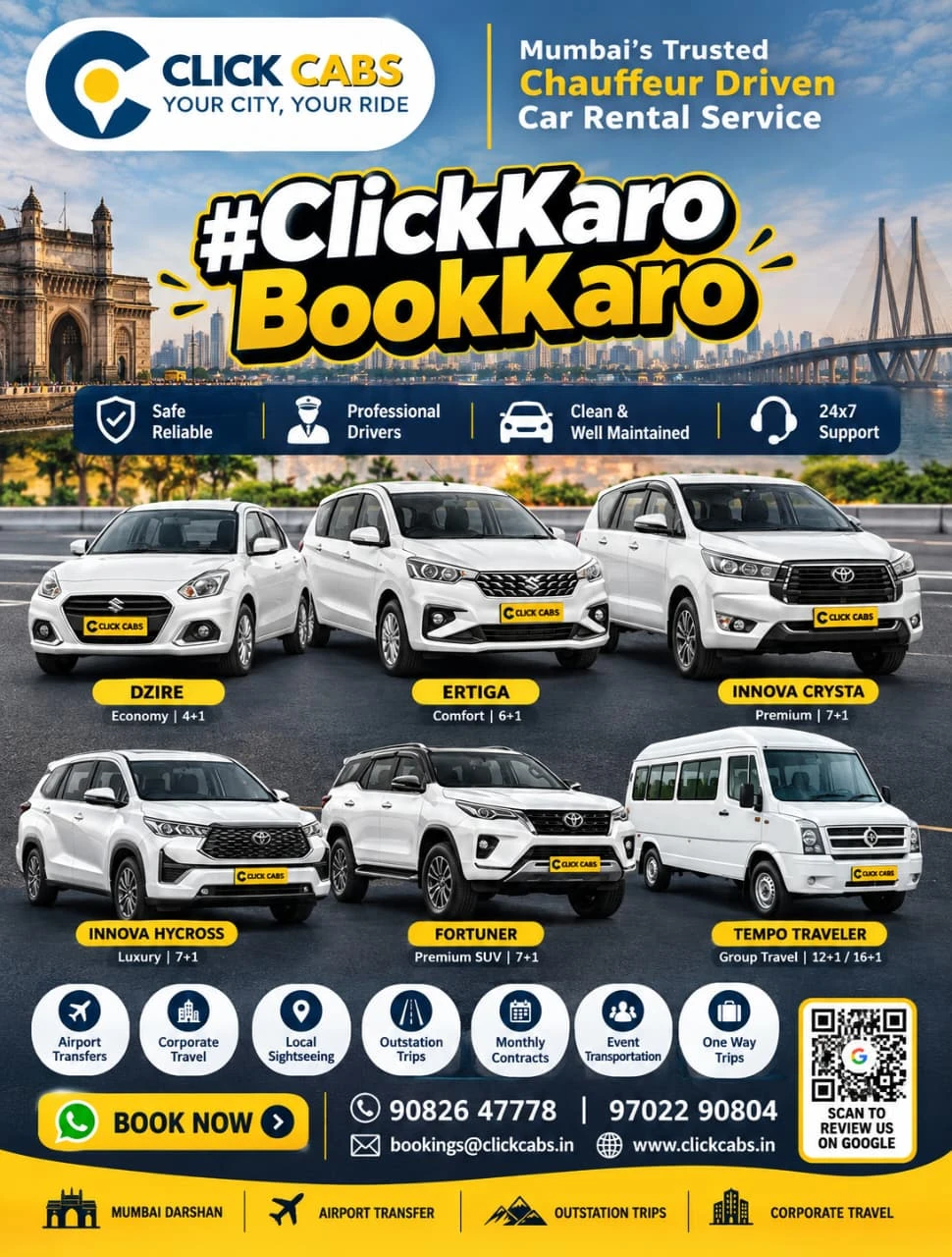 #ClickKaro BookKaro. Click Cabs, Mumbai's trusted chauffeur-driven car rental service: Dzire, Ertiga, Innova Crysta, Innova Hycross, Fortuner and Tempo Traveller, for airport transfers, corporate travel, local sightseeing, outstation trips, monthly contracts, events and one-way trips. Call 90826 47778 or 97022 90804.