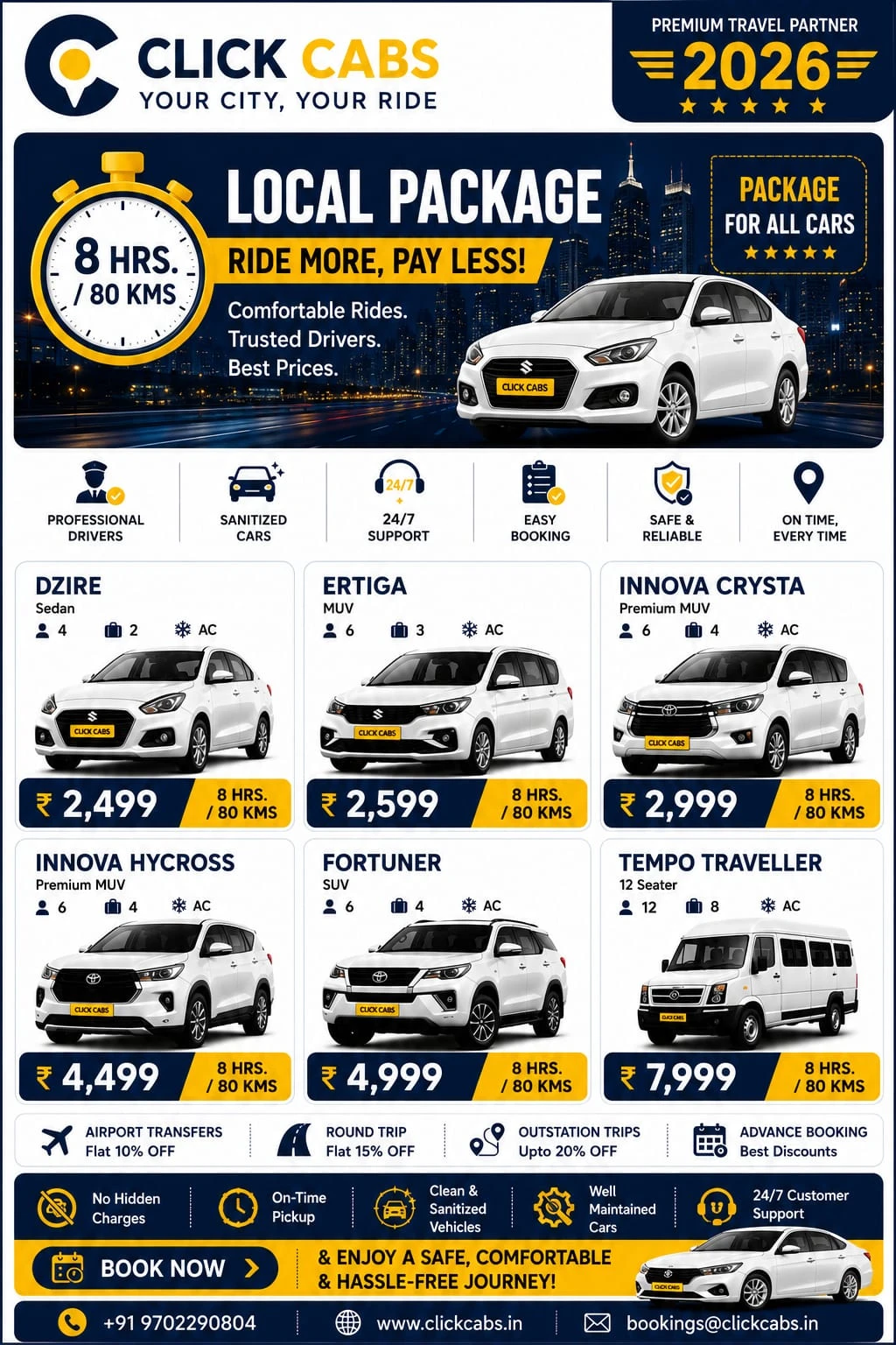 Local Package for all cars, 8 hours / 80 km: Dzire Rs 2,499, Ertiga Rs 2,599, Innova Crysta Rs 2,999, Innova Hycross Rs 4,499, Fortuner Rs 4,999, Tempo Traveller Rs 7,999. Airport transfers flat 10% off, round trips flat 15% off, outstation trips up to 20% off. Call +91 97022 90804.